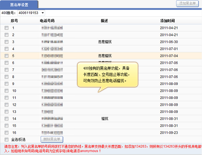 400电话 黑名单设置